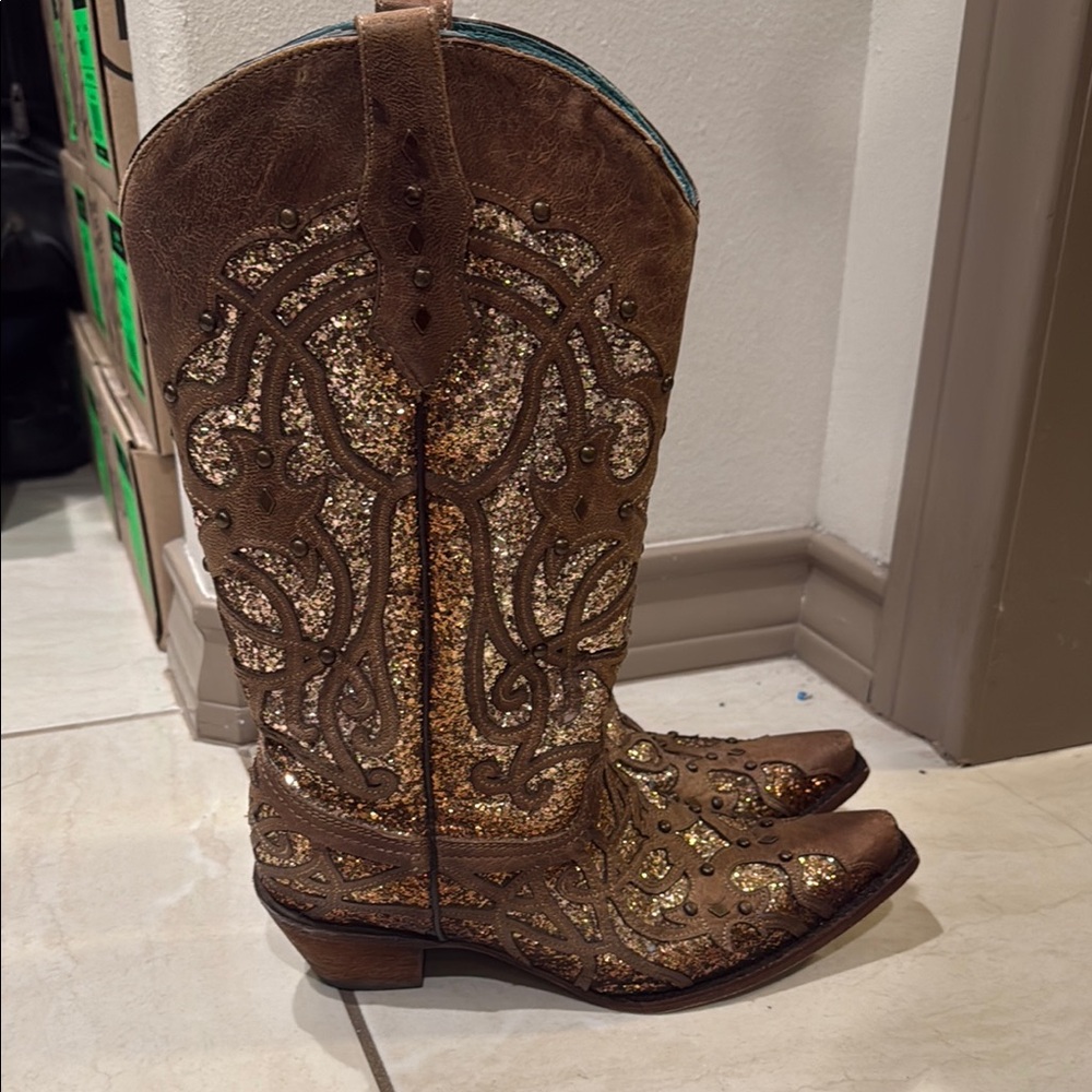Corral Brown and Gold Glitter Western Boots